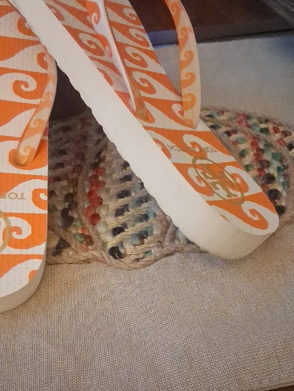 Tory Burch Orange & White Wave Flip Flop Sandals with Gold Logo